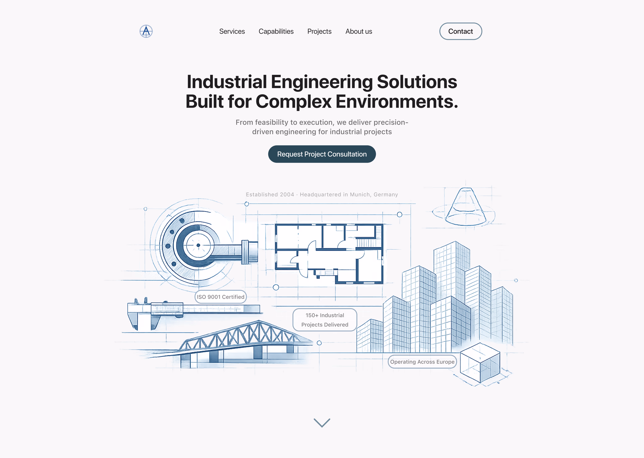 Propuesta web conceptual de Industrial Engineering con una portada editorial y una ilustración técnica de ingeniería industrial.